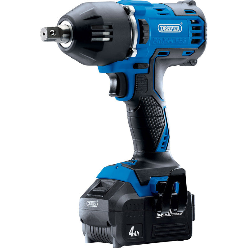 Draper D20 20V Brushless Mid-Torque Impact Wrench, 1/2", 400Nm 2 x 4.0Ah