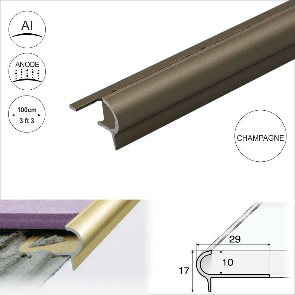 A80 Aluminium Stair Nosing Edge Trim – 29mm x 17mm x 10mm for Tiles