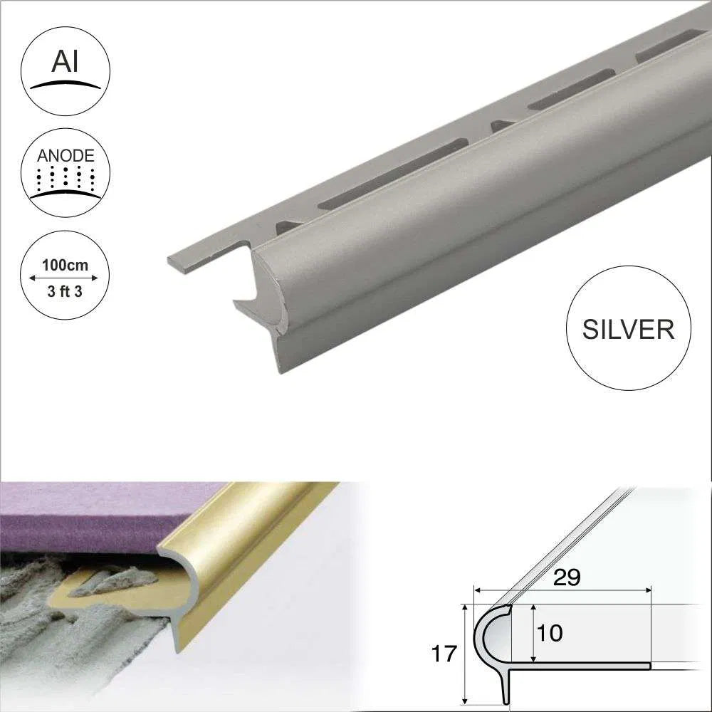 A80 Aluminium Stair Nosing Edge Trim – 29mm x 17mm x 10mm for Tiles