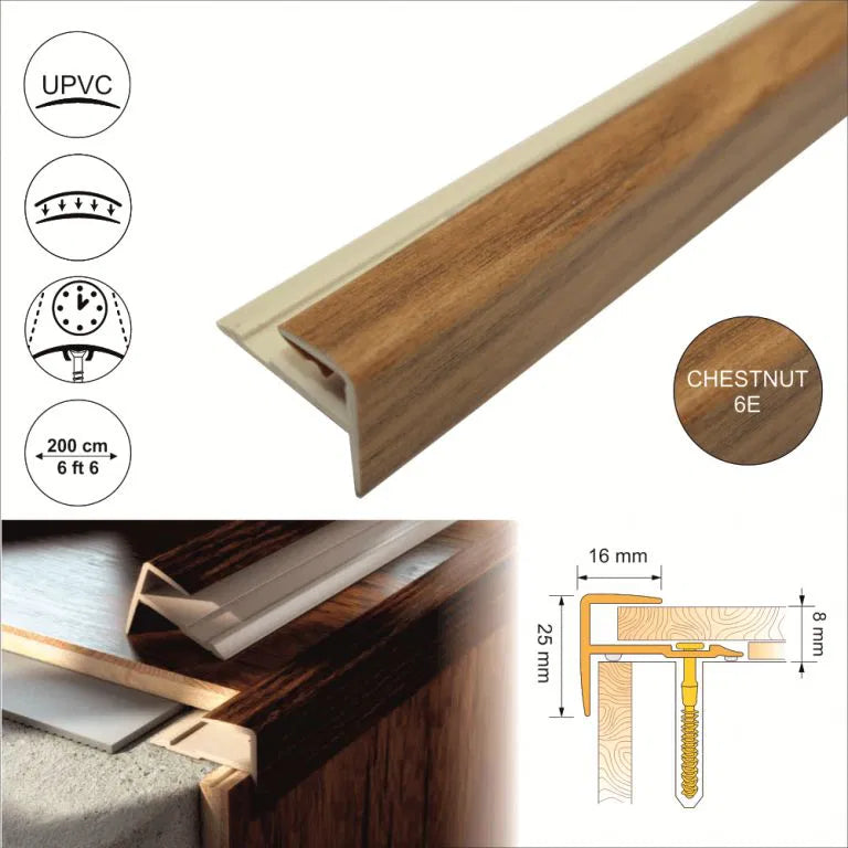 16x25mm Push-In Wood Effect PVC Stair Nosing – UPVC Edge Trim for Laminate & Wood Floors Chestnut 6e