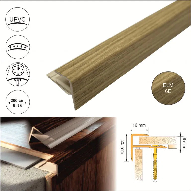 16x25mm Push-In Wood Effect PVC Stair Nosing – UPVC Edge Trim for Laminate & Wood Floors Elm 5e