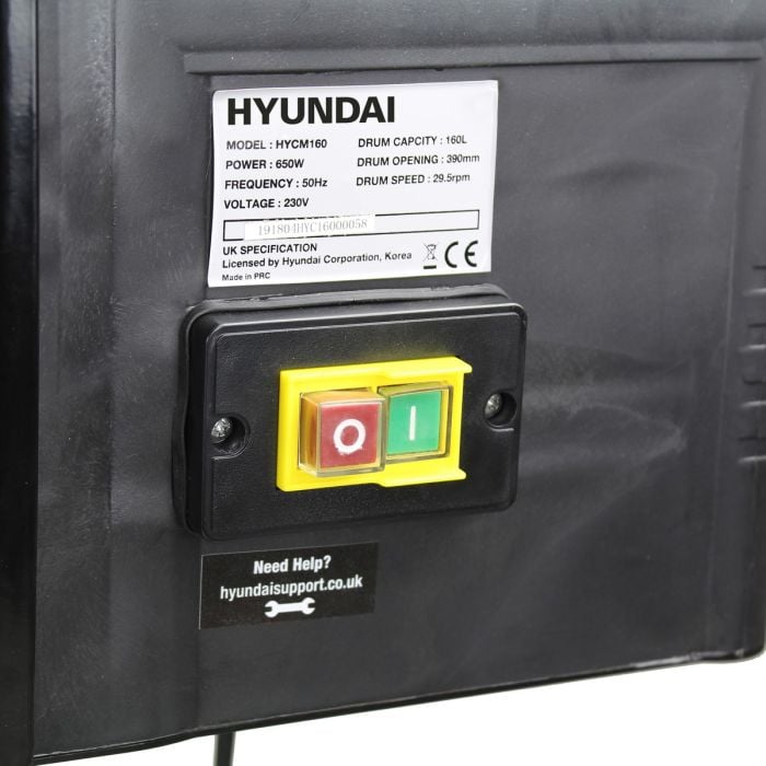 Hyundai Portable Electric Cement Mixer 160ltr/240v/650w - HYCM160E