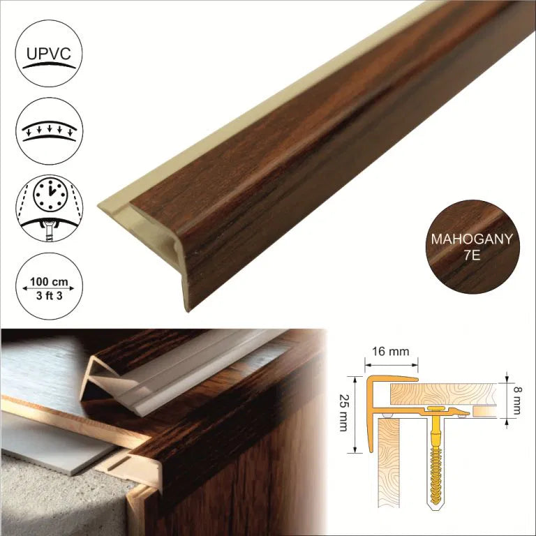 16x25mm Push-In Wood Effect PVC Stair Nosing – UPVC Edge Trim for Laminate & Wood Floors Mahogany 7e
