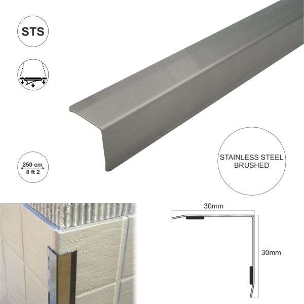 30x30mm Stainless Steel Corner Trim Protector with Bevelled Edges Stainless Steel Brushed 2.5m