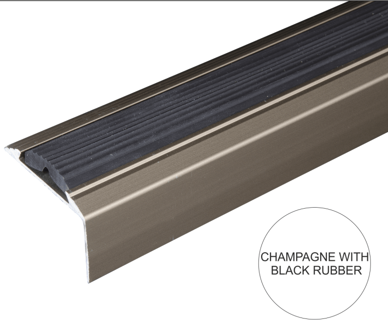 A38 46 x 30mm Anodised Aluminium Self Adhesive Non Slip Rubber Stair Nosing Edge Trim Champagne With Black Rubber
