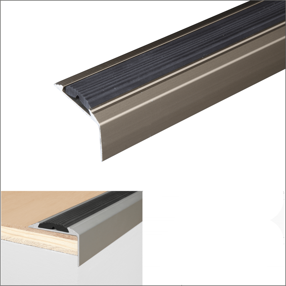 A38 46 x 30mm Anodised Aluminium Self Adhesive Non Slip Rubber Stair Nosing Edge Trim Champagne With Black Rubber