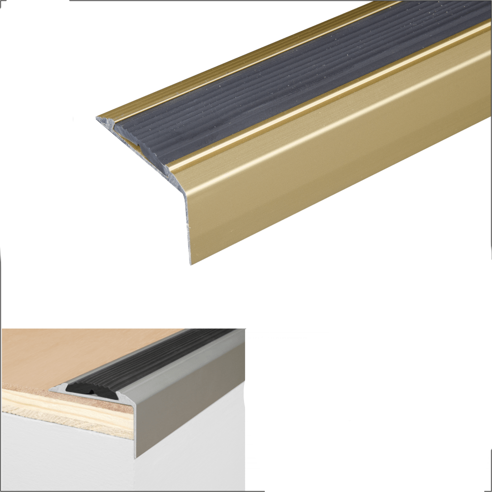 A38 46 x 30mm Anodised Aluminium Self Adhesive Non Slip Rubber Stair Nosing Edge Trim Gold With Black Rubber