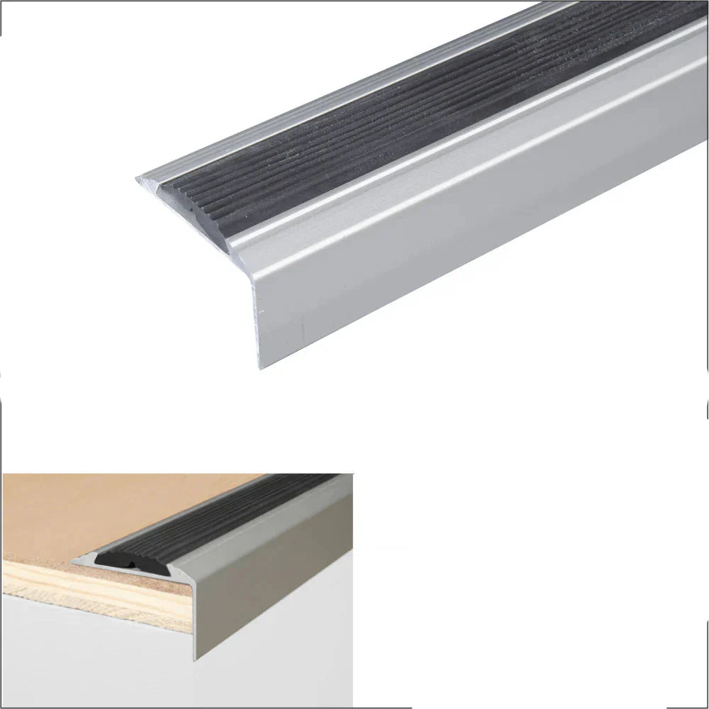 A38 46 x 30mm Anodised Aluminium Self Adhesive Non Slip Rubber Stair Nosing Edge Trim Silver With Black Rubber