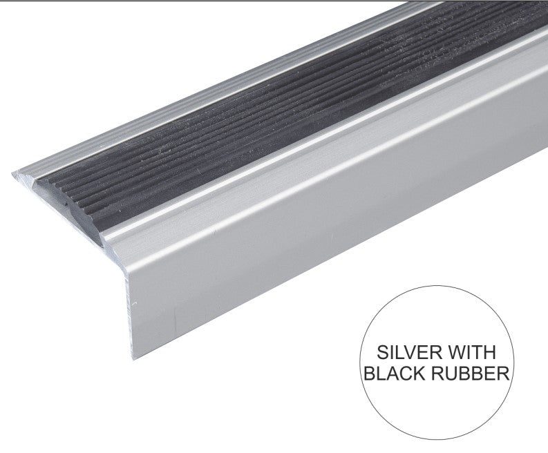 A38 46 x 30mm Anodised Aluminium Self Adhesive Non Slip Rubber Stair Nosing Edge Trim Silver With Black Rubber