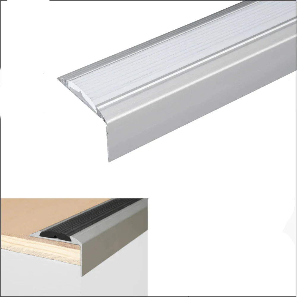A38 46 x 30mm Anodised Aluminium Self Adhesive Non Slip Rubber Stair Nosing Edge Trim Silver With Grey Rubber