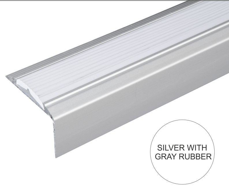 A38 46 x 30mm Anodised Aluminium Self Adhesive Non Slip Rubber Stair Nosing Edge Trim Silver With Grey Rubber