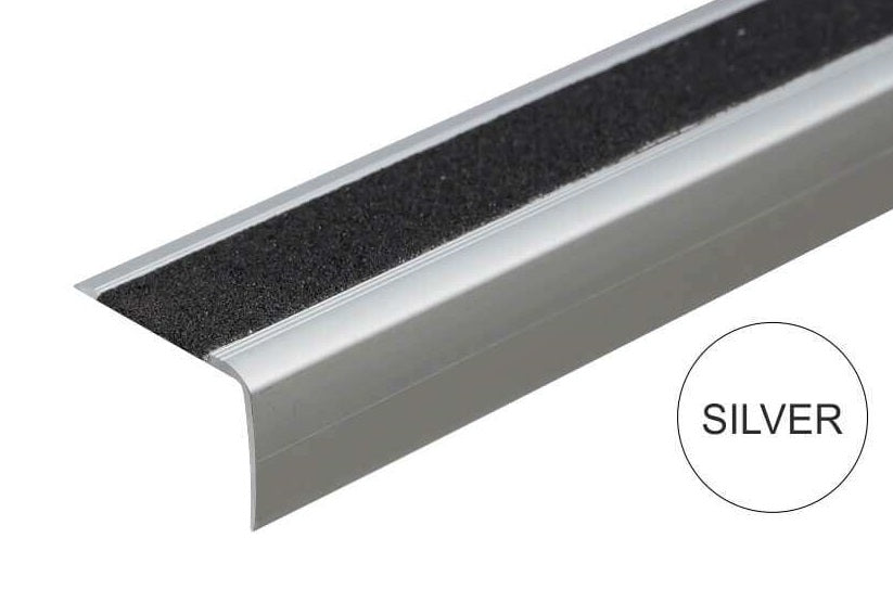 A44 41 x 26.6mm Anodised Aluminium Non Slip Stair Nosing Edge Trim With Non Slip Tape Silver