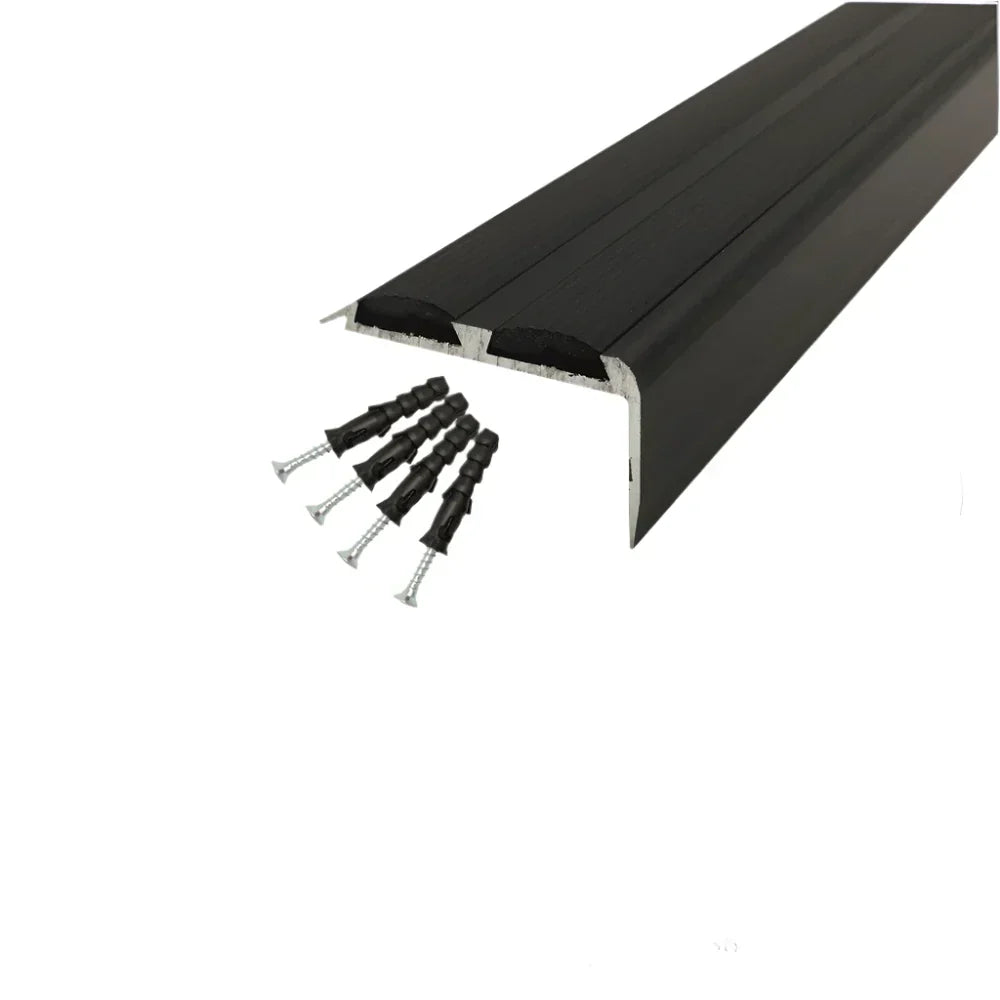 A37 36 x 20mm Anodised Aluminium Non Slip Rubber Stair Nosing Edge Trim With Inserts Black With Black Rubber