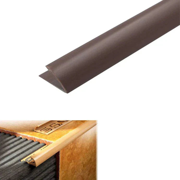 PVC Round Edge tile trim in 8, 10, or 12.5mm depth. 2.5m length. Ideal for tile edges, borders, or floor transitions. Clean, durable finish for wall or floor use. Brown