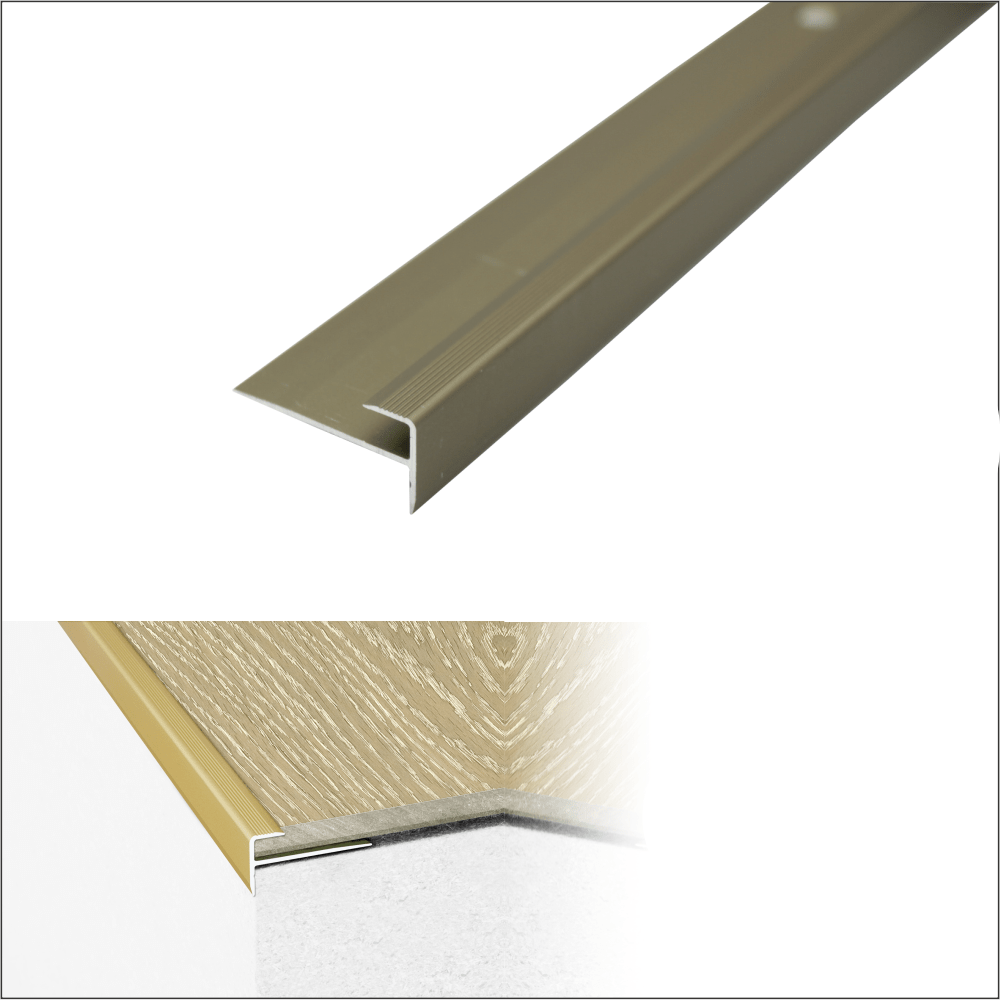 C24 28 x 14.5mm Anodised Aluminium LVT Stair nosing Edge Profile For 5mm Flooring Champagne