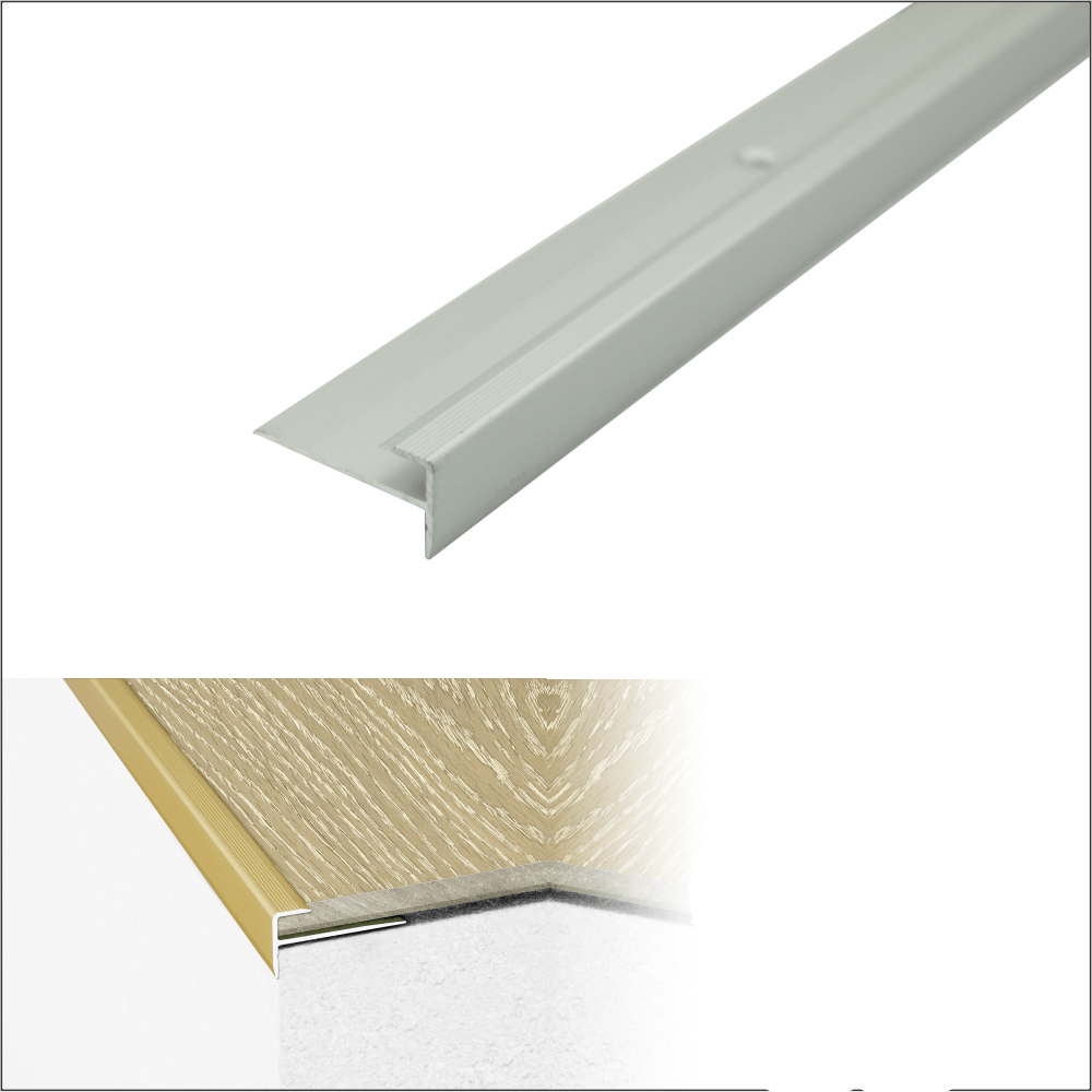 C24 28 x 14.5mm Anodised Aluminium LVT Stair nosing Edge Profile For 5mm Flooring Silver
