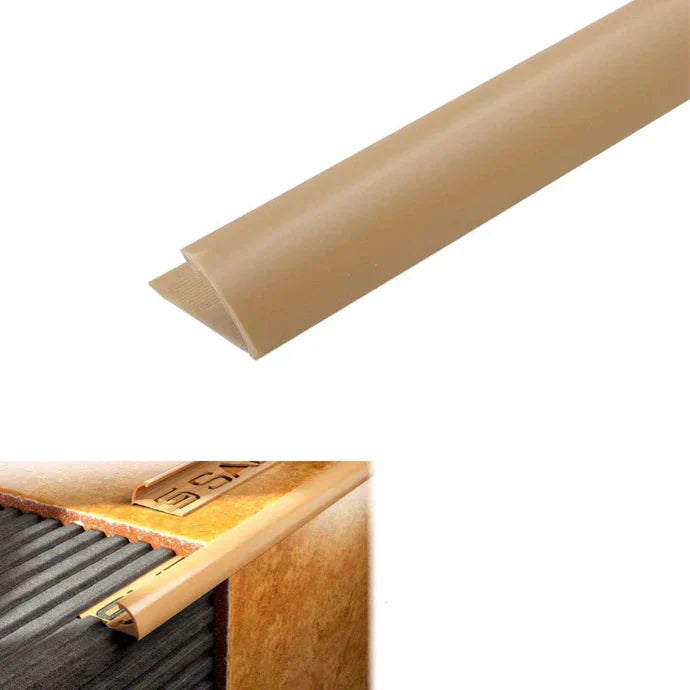 PVC Round Edge tile trim in 8, 10, or 12.5mm depth. 2.5m length. Ideal for tile edges, borders, or floor transitions. Clean, durable finish for wall or floor use. Carmel