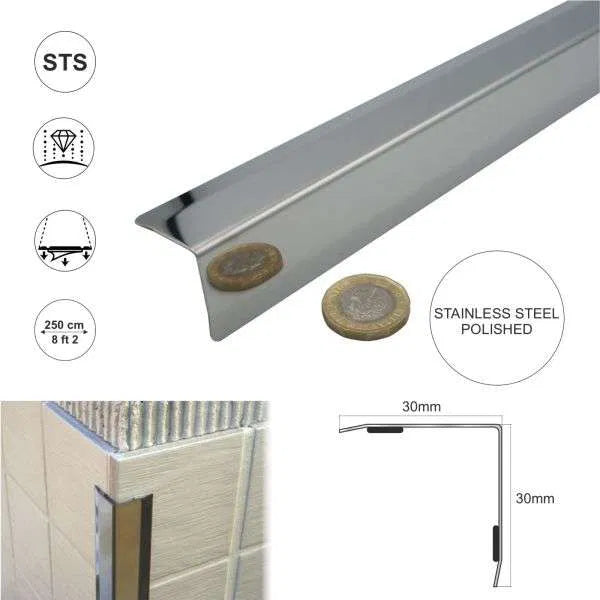 30x30mm Stainless Steel Corner Trim Protector with Bevelled Edges Stainless Steel Polished 2.5m
