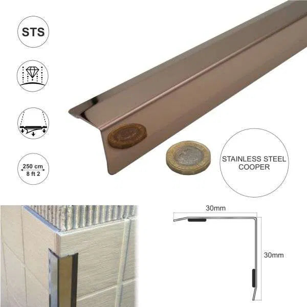 30x30mm Stainless Steel Corner Trim Protector with Bevelled Edges Stainless Steel Copper 2.5m