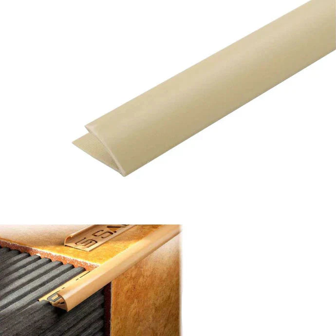 PVC Round Edge tile trim in 8, 10, or 12.5mm depth. 2.5m length. Ideal for tile edges, borders, or floor transitions. Clean, durable finish for wall or floor use. Dark Beige