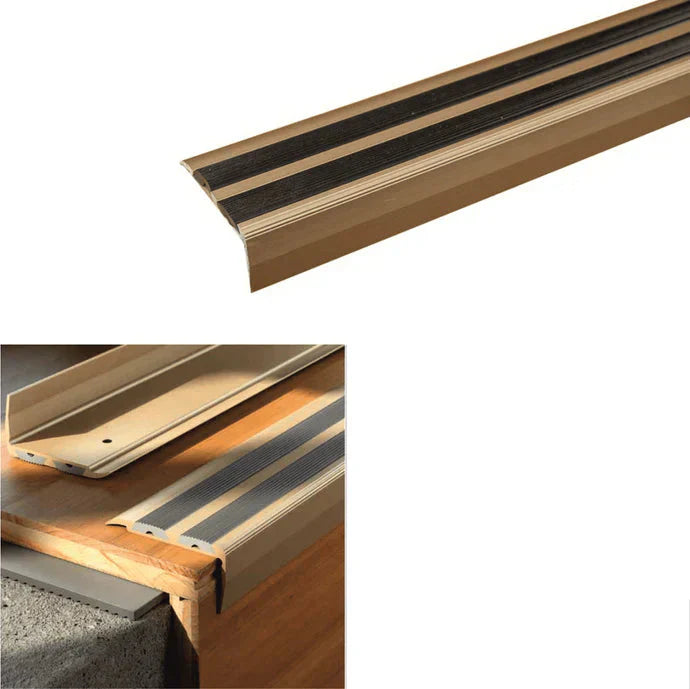SA11 40 x 20mm Anodised Aluminium Non Slip Rubber Stair Nosing Edge Trim With Insert Gold With Black Rubber