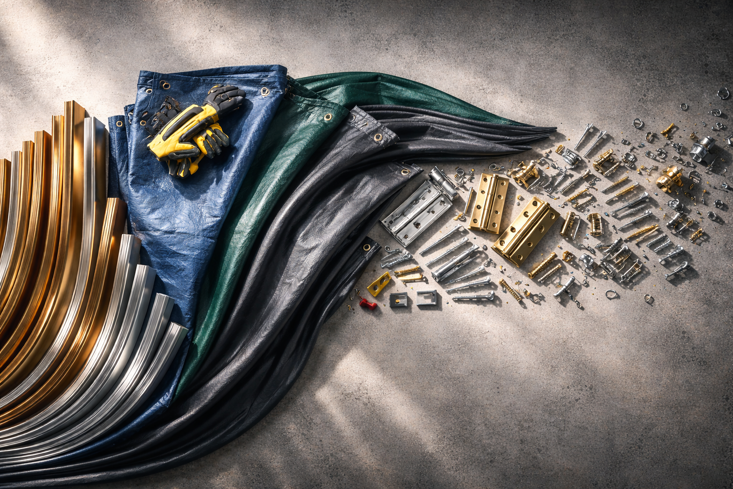 Set of metal washers and bolts arranged in a fan-like pattern on a textured surface.