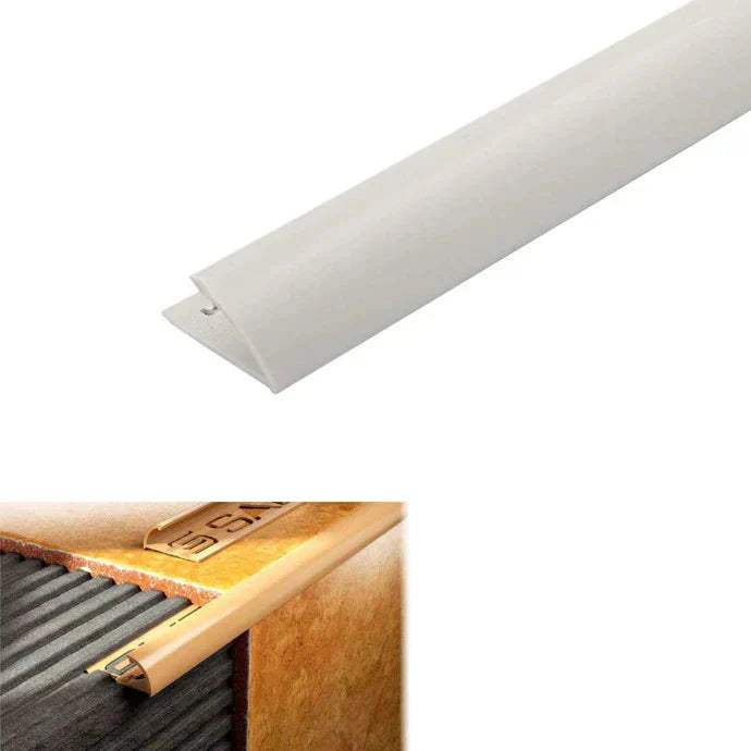 PVC Round Edge tile trim in 8, 10, or 12.5mm depth. 2.5m length. Ideal for tile edges, borders, or floor transitions. Clean, durable finish for wall or floor use. Light Grey