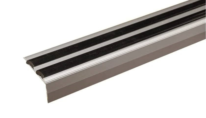 SA11 40 x 20mm Anodised Aluminium Self Adhesive Non Slip Rubber Stair Nosing Edge Trim With Insert Silver With Black Rubber