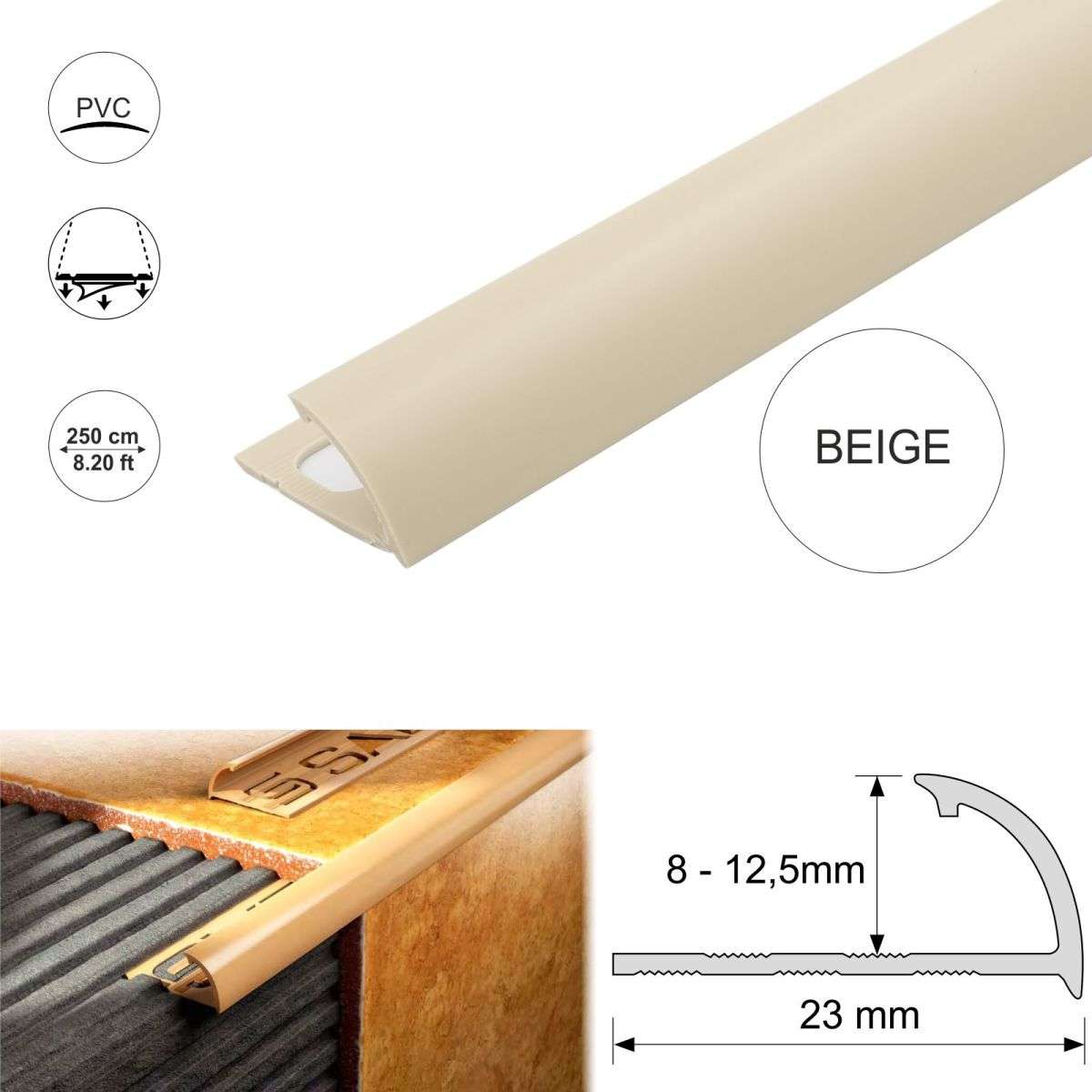 PVC Round Edge Quadrant Tile Trim – 8mm, 10mm, 12.5mm