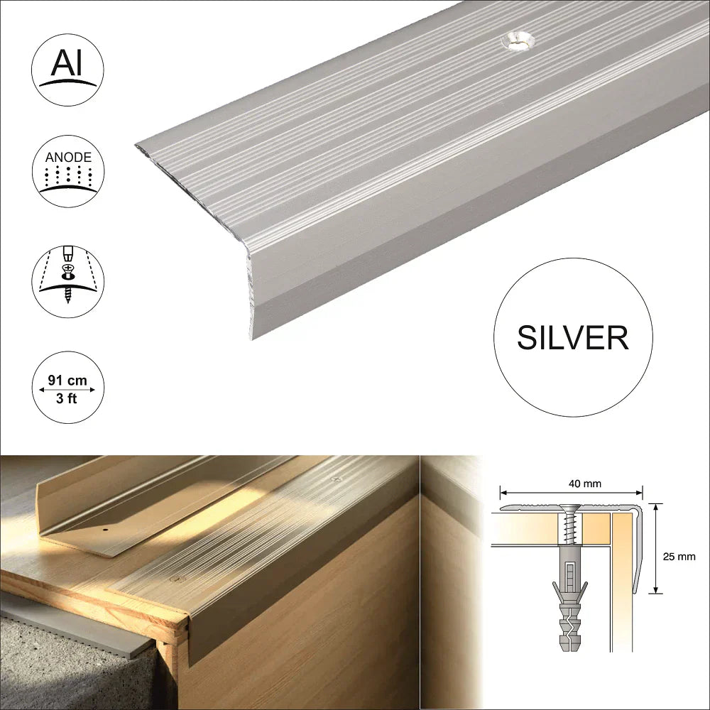S05 40x 25mm Anodised Aluminium Non Slip Ribbed Treads Stair Nosing Edge Trim