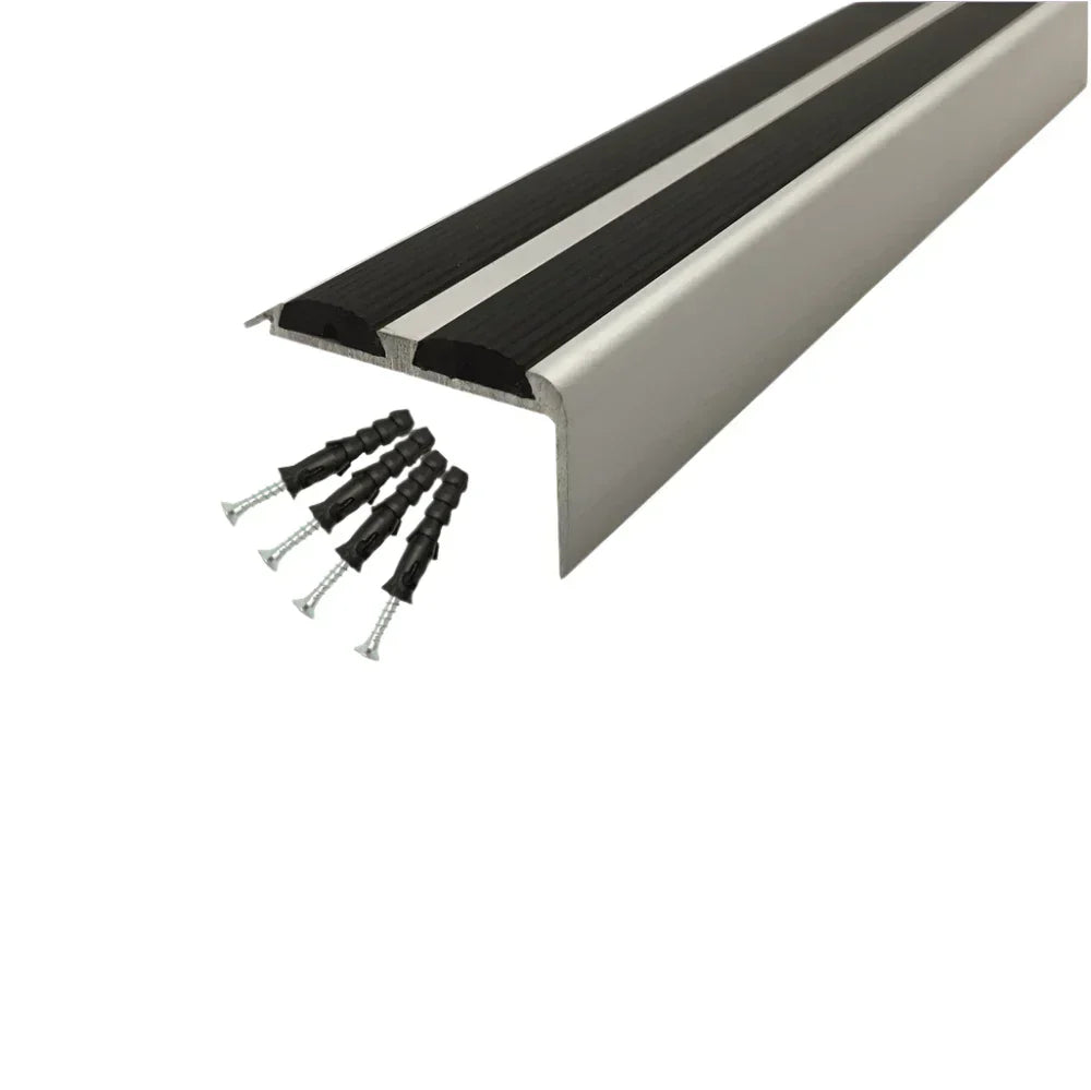 A37 36 x 20mm Anodised Aluminium Non Slip Rubber Stair Nosing Edge Trim With Inserts Silver With Black Rubber