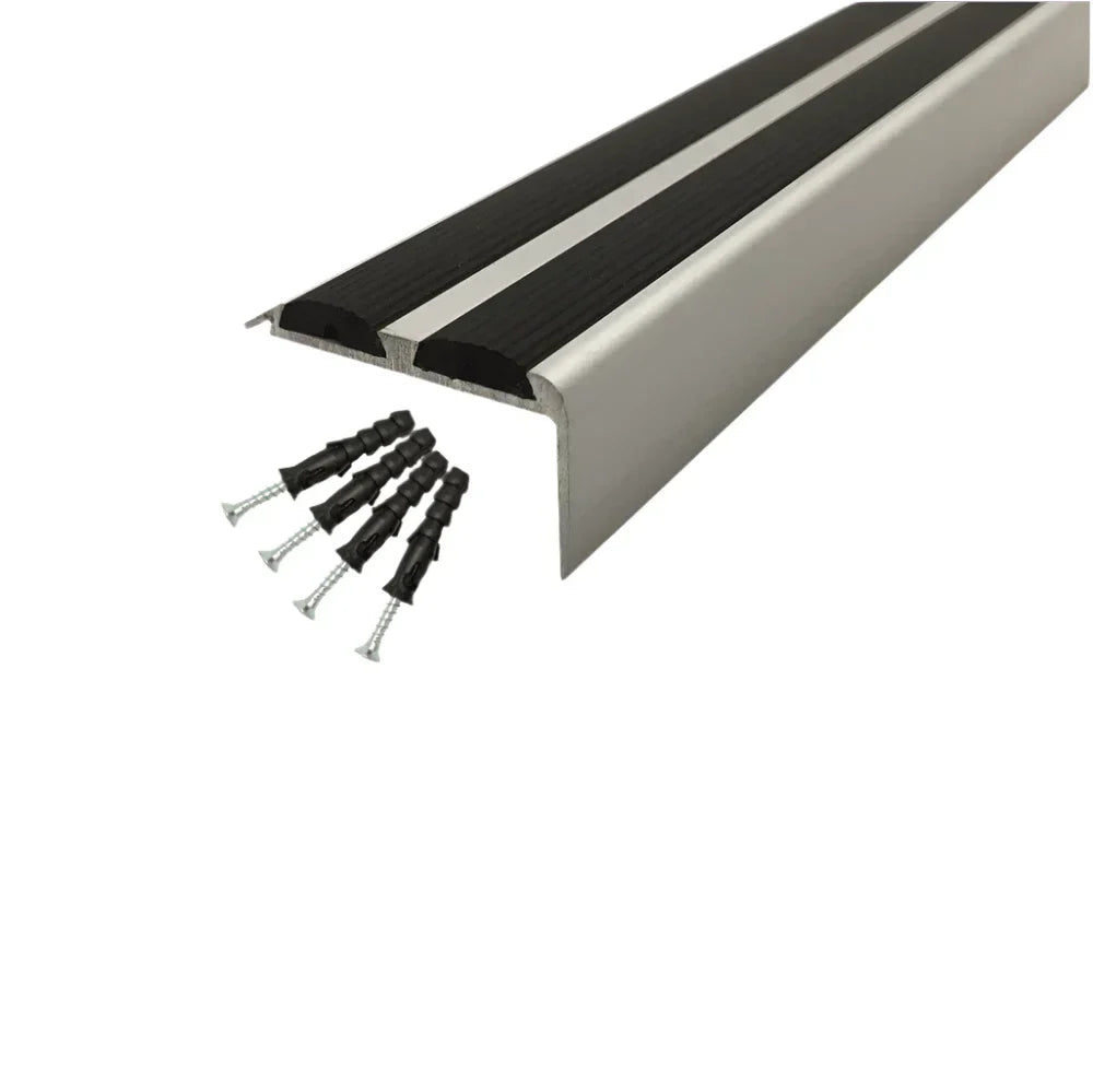 A37 36 x 20mm Anodised Aluminium Non Slip Rubber Stair Nosing Edge Trim With Inserts Silver With Black Rubber