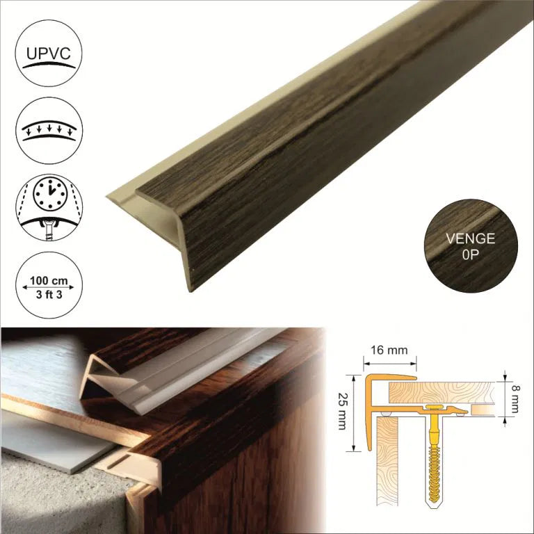 16x25mm Push-In Wood Effect PVC Stair Nosing – UPVC Edge Trim for Laminate & Wood Floors